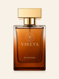 Vireya Eau De Parfum bottle with gold cap on a beige background